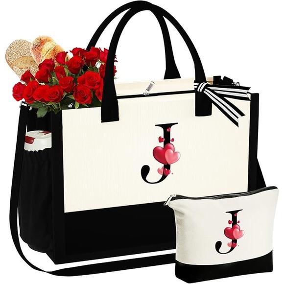 Yoolife Handbags - Initial Letter "J" Canvas Tote Bag & Makeup Bag Beach Bag with Many Hearts